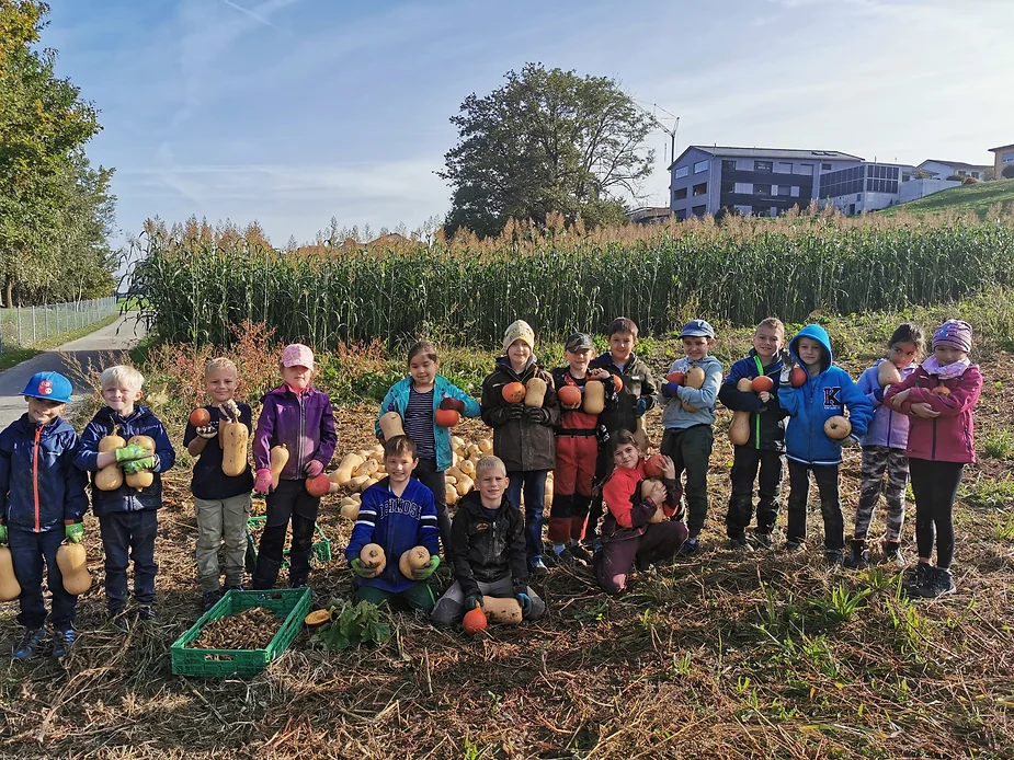 Eine Gruppe von Kindern hält zahlreiche Kürbisse und präsentiert die Ernte.