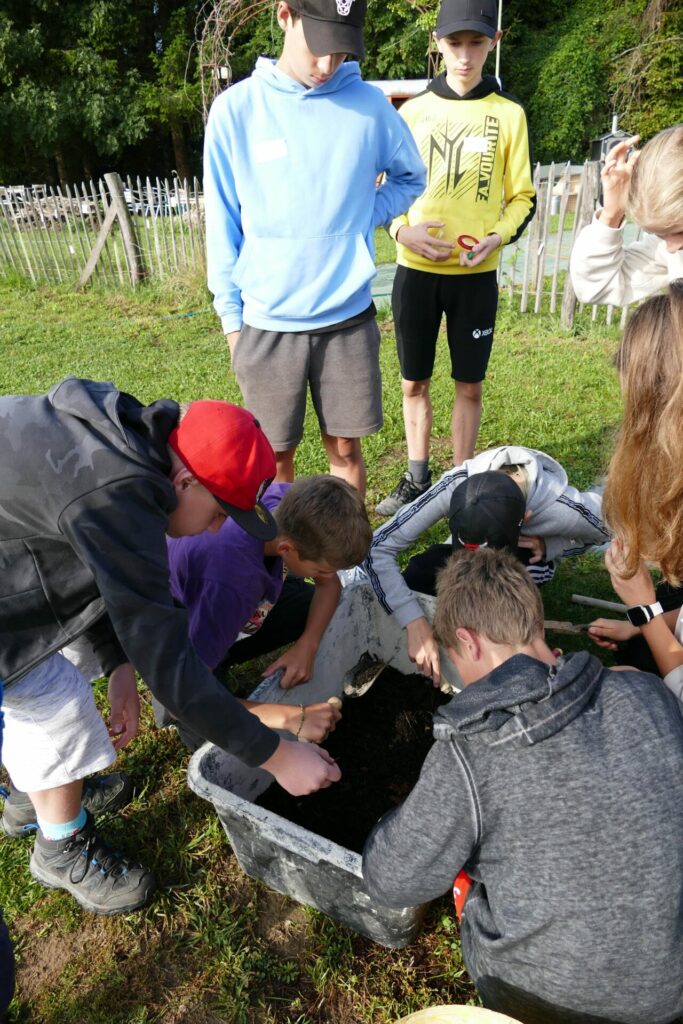 Schüler*innen buddeln in einer Kiste mit Erde.