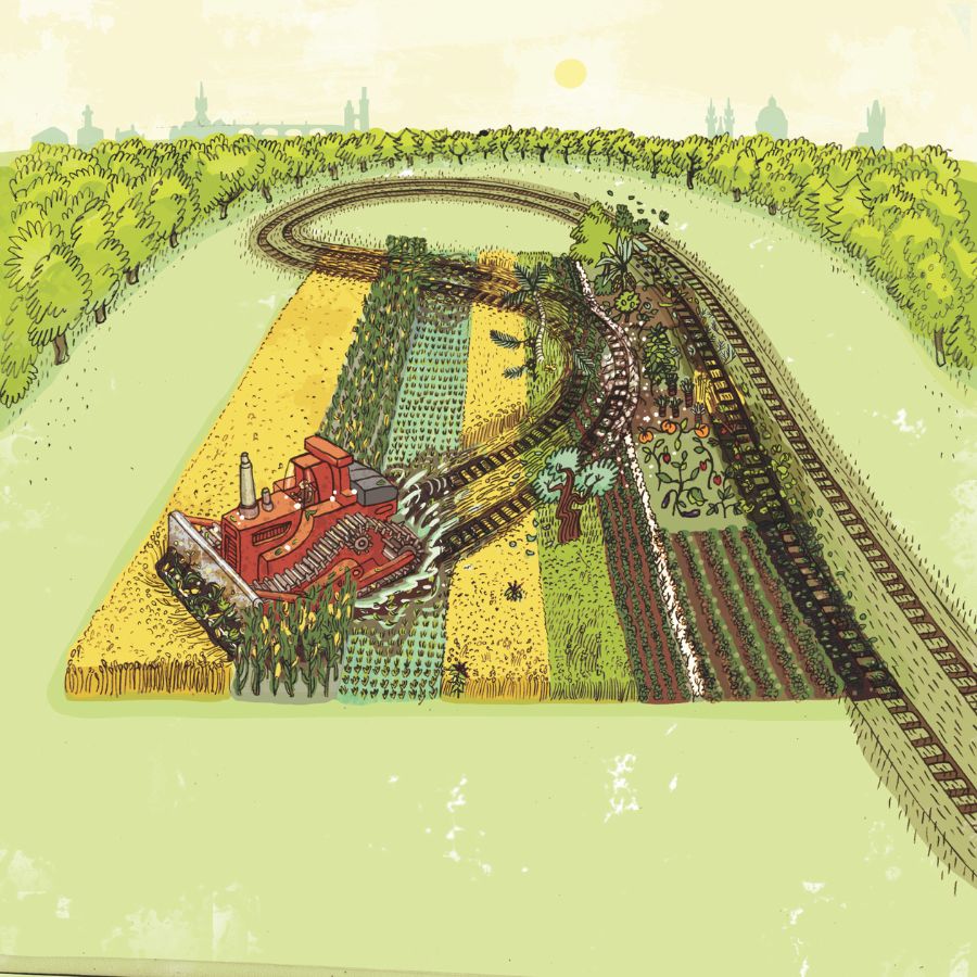 Illustration: A vehicle rolls through the world field and destroys a large part of the plants.  