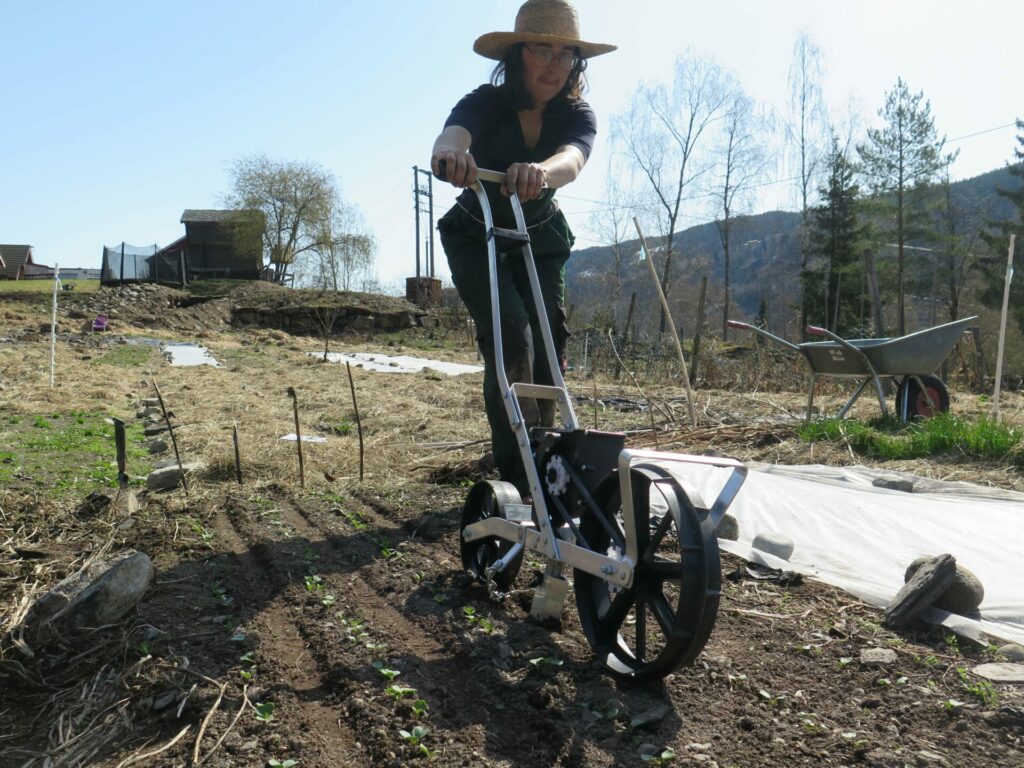 Eine Frau mit Hut arbeitet auf einem Feld und sät mit einer Handsämaschine aus.