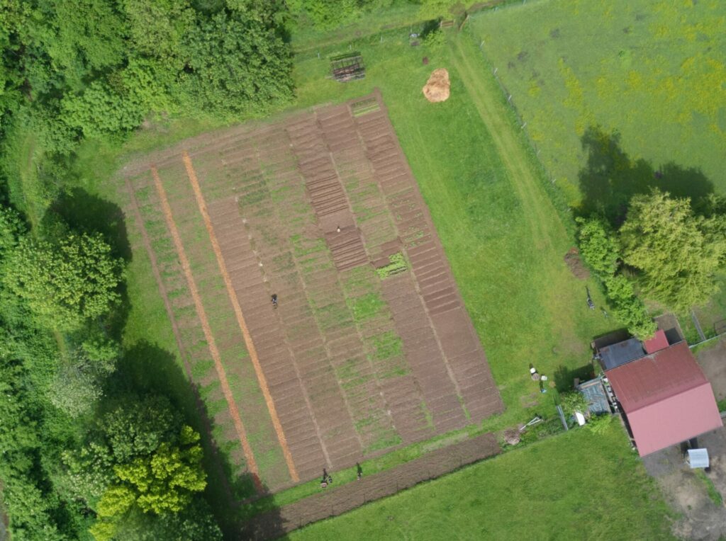 Von oben ist der Weltacker in Freiburg zu sehen - ein 2000 m² großes Feld neben einem Acker-Schuppen. 